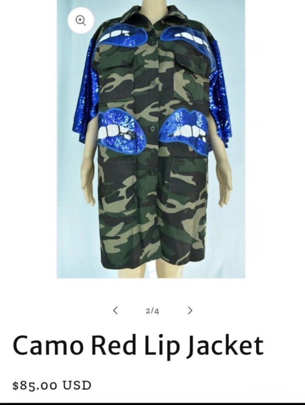 "SOLD" Camo Jacket with Blue Sequin Lip Appliqués - Picture 6 of 6